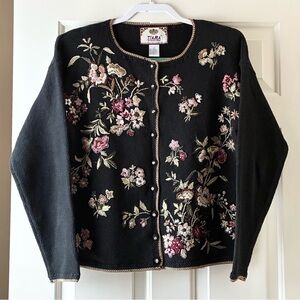Tiara International Cardigan Sweater Embroidered Floral Black Size S